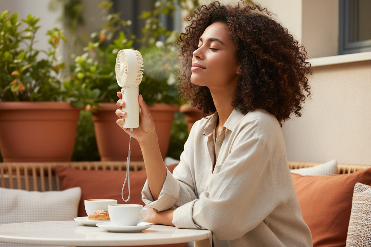 A person holds a white portable mini handheld fan outdoors on a warm day, with terracotta and white accents in the blurred ba